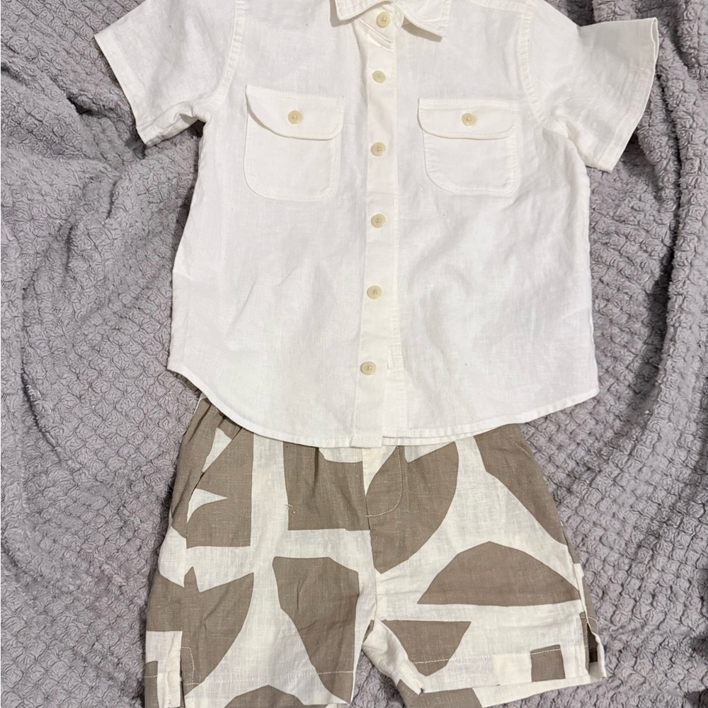 Off- White Linen Shirt and Patterned Shorts
